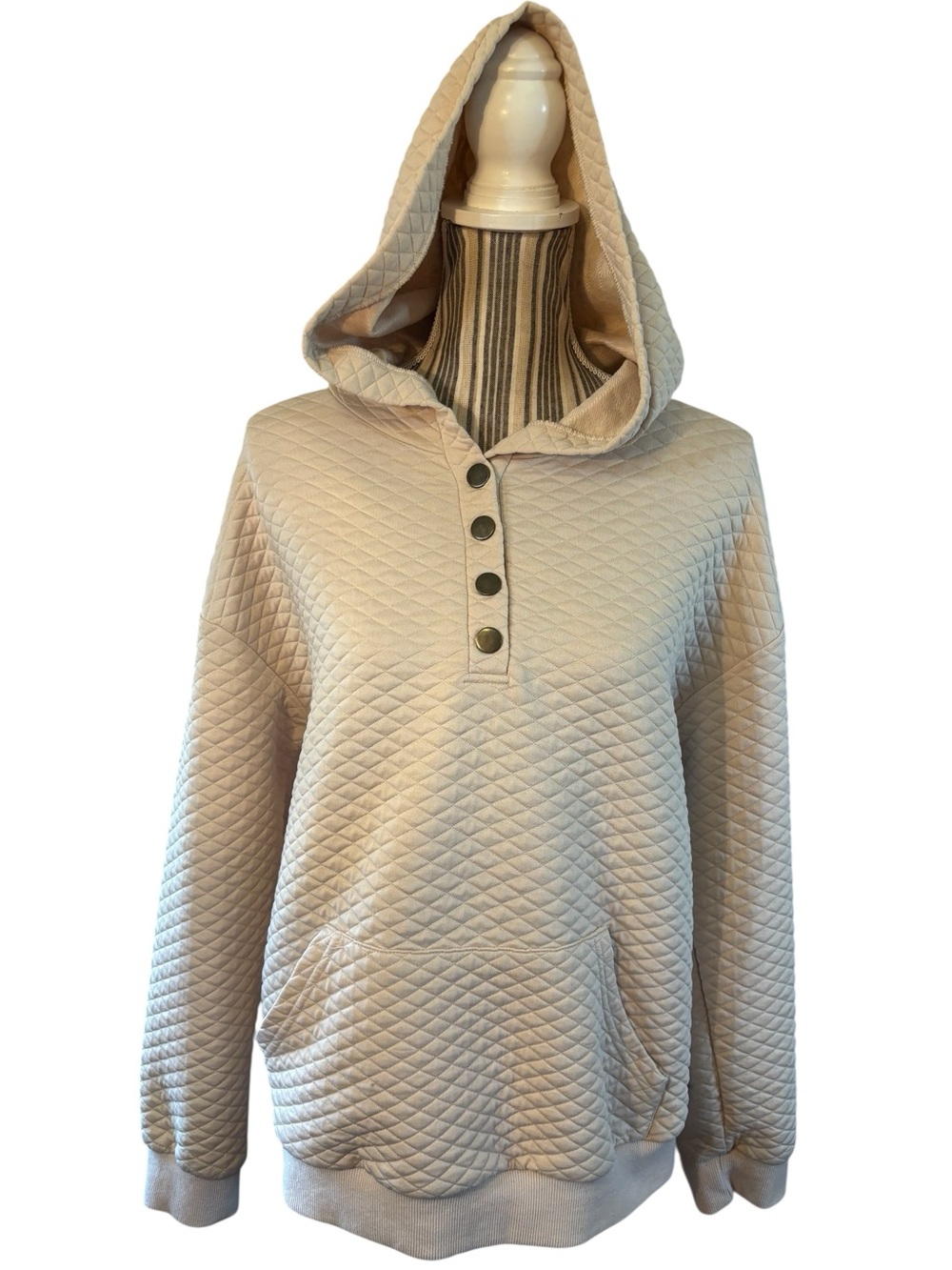 Quilted Hoodie Pullover Large Cream SHEIN Snap-Up Placket Kangaroo Pocket